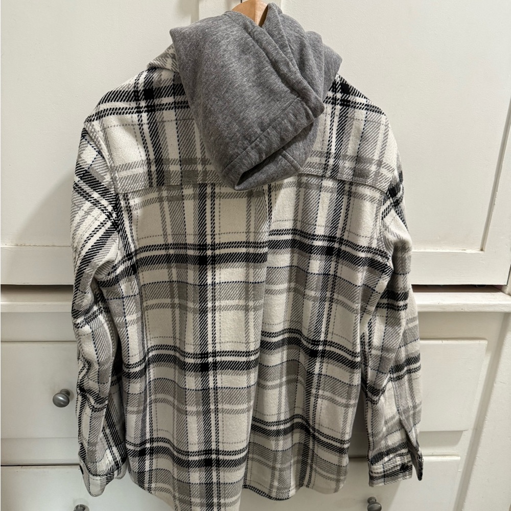 Zara Men’s Small Plaid Shacket Button Up Hooded Jacket Cream Gray Black - Picture 4 of 4